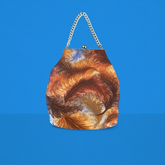 Vintage cloth purse with feather pattern gold chain handle gold ball snap - Picture 2 of 5